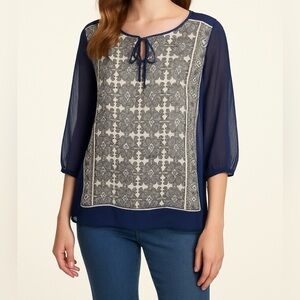 Chico’s Semi Sheer Boho Peasant Floral Blouse Navy White Print Women’s Size M